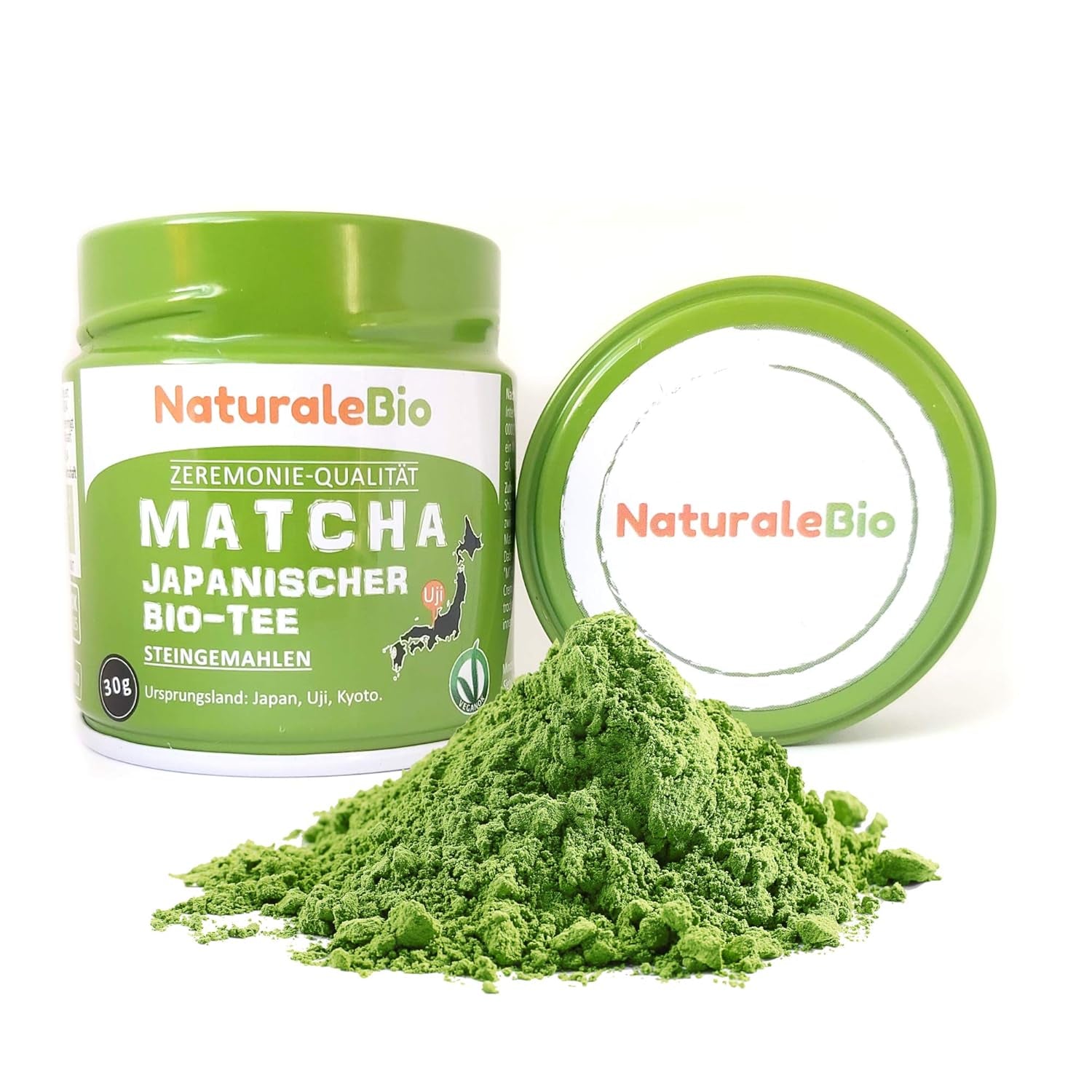 Poudre de thé Matcha de qualité cérémonielle Naturalebio Thé vert original du Japon. Poudre de thé vert Matcha de qualité cérémonielle fabriquée à Uji, Kyoto. Idéal pour boire, cuisiner et prendre des lattés. Boîte de 30 g.