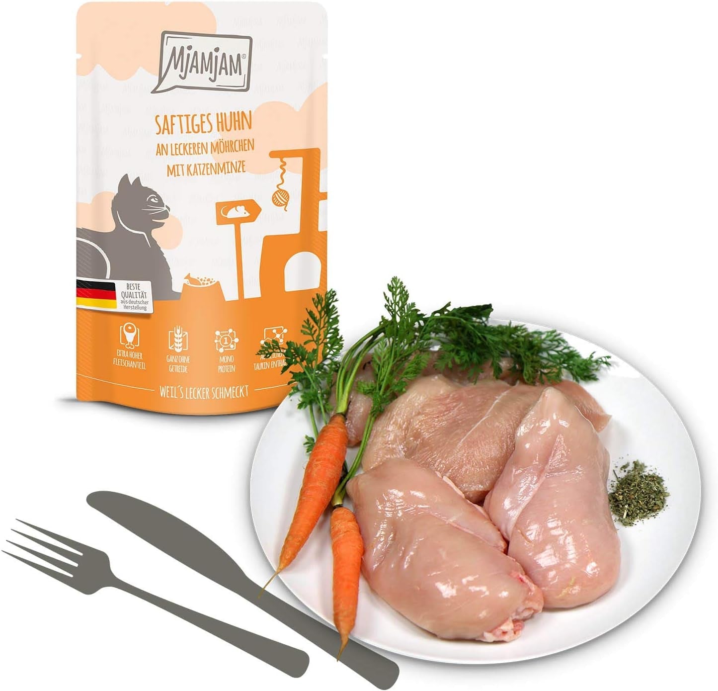 MjAMjAM - Nourriture humide de qualité supérieure pour chats - Pack mixte I - Poulet, bœuf, cœurs, paquet de 12 (12 x 125 g), sans céréales avec viande supplémentaire