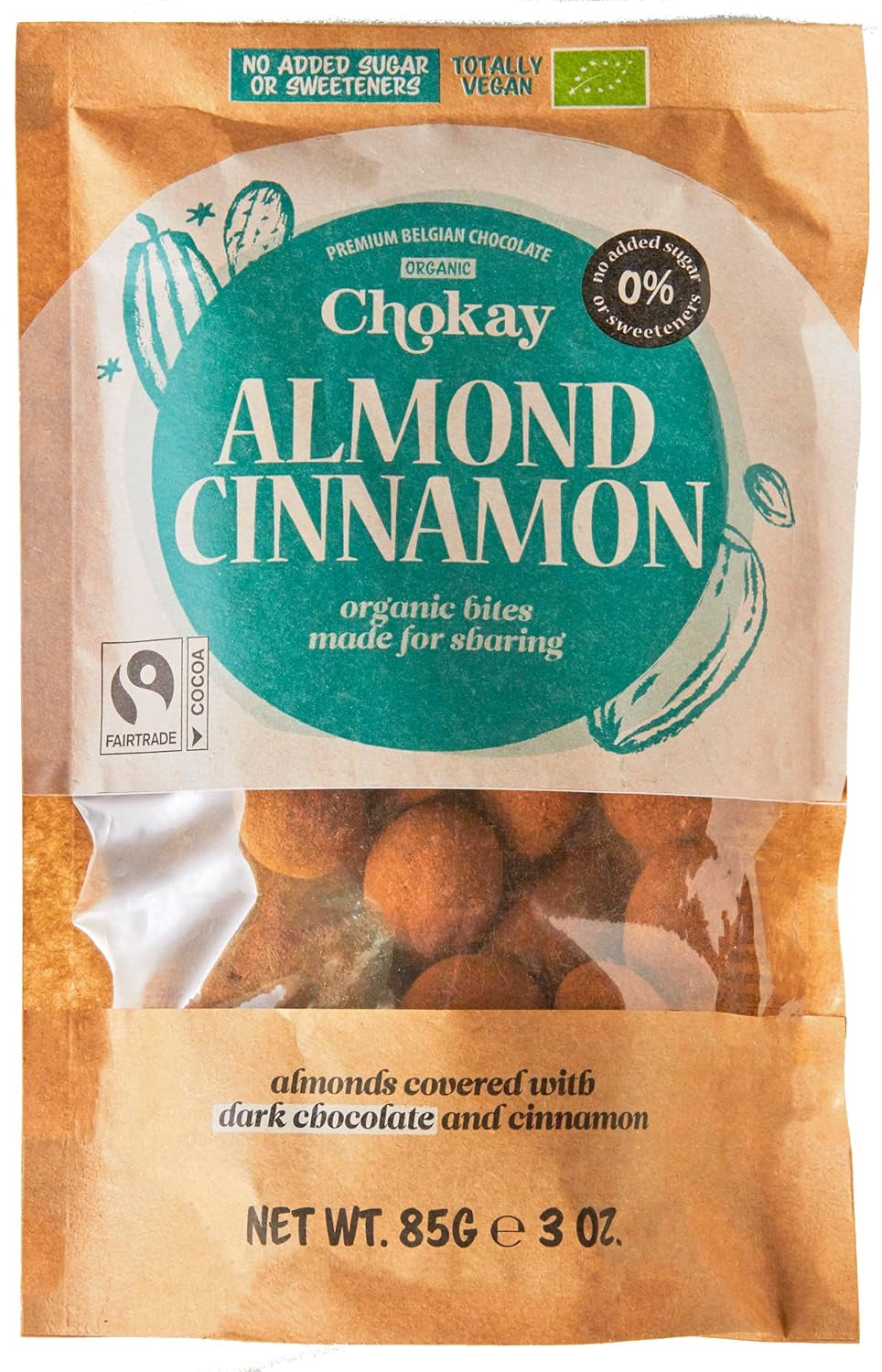 Bouchées biologiques - Amandes à la cannelle et amandes au chocolat noir belge / Sans sucre ajouté, sans édulcorants / Végétalien et équitable / 1 x 85g