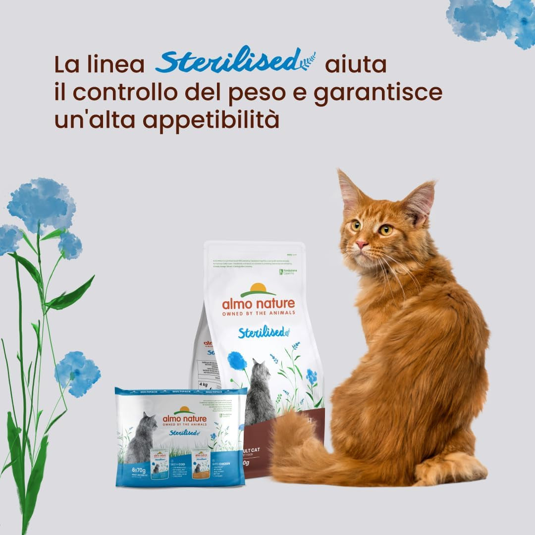 Almo Nature Functional - Stérilisé - Aliment humide pour chat adulte et senior, stérilisé ou peu actif - au cabillaud et au poulet - Faible en gras, hydratant - 70g (paquet de 6)