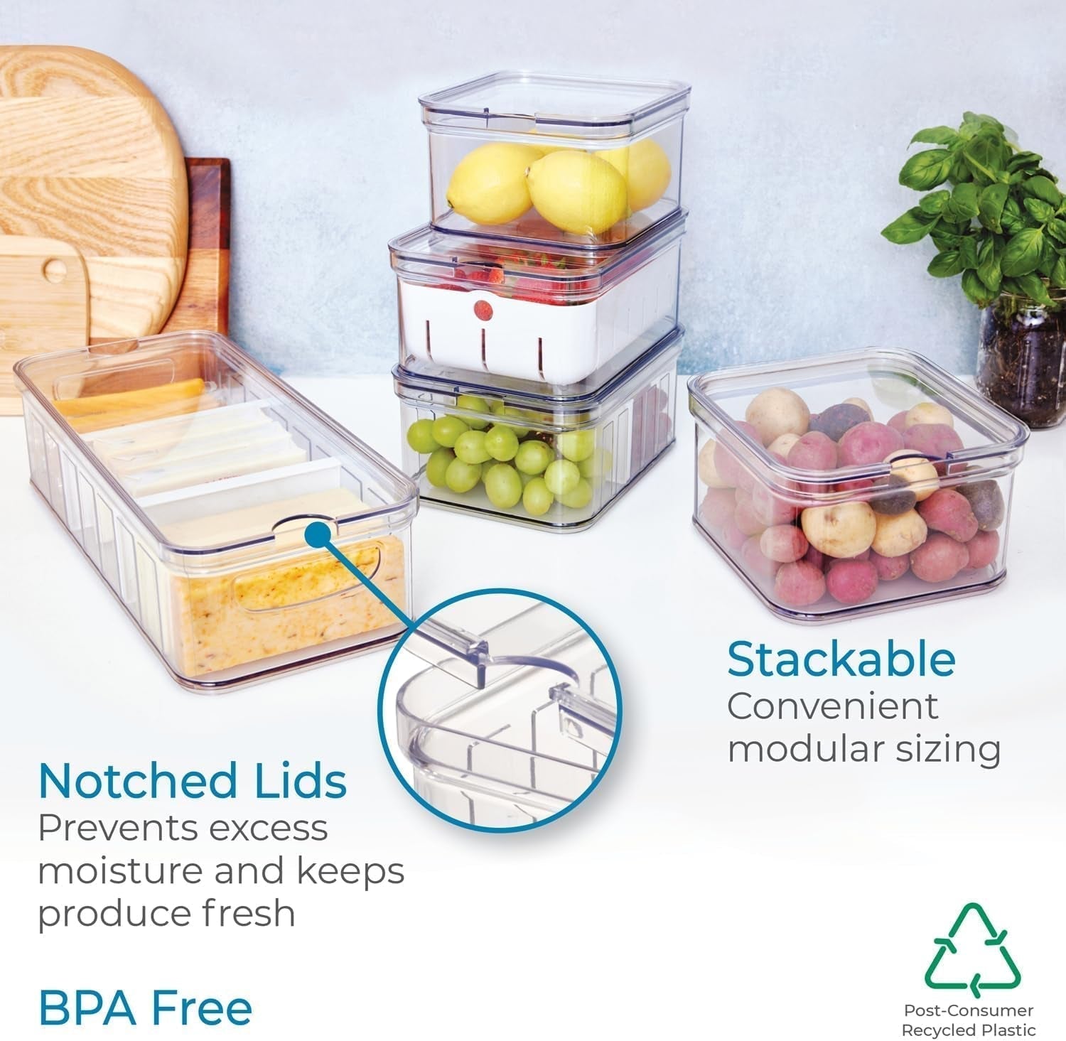 iDesign Lot de 5 boîtes de rangement pour réfrigérateur avec couvercles, boîtes de conservation en plastique recyclé pour organiser les consommables, boîtes de conservation transparentes et blanches Naty Shop