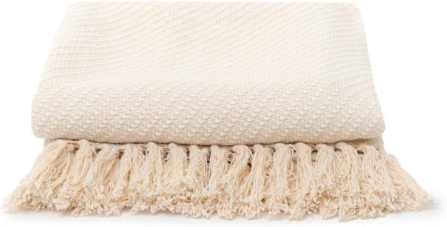 HOMLA Morris Plaid Couverture à franges en coton - Couverture douce et confortable Couverture en coton - tissu fin 130 X 170 Cm Ecru Lits et Couvertures Besuche den HOMLA-Store