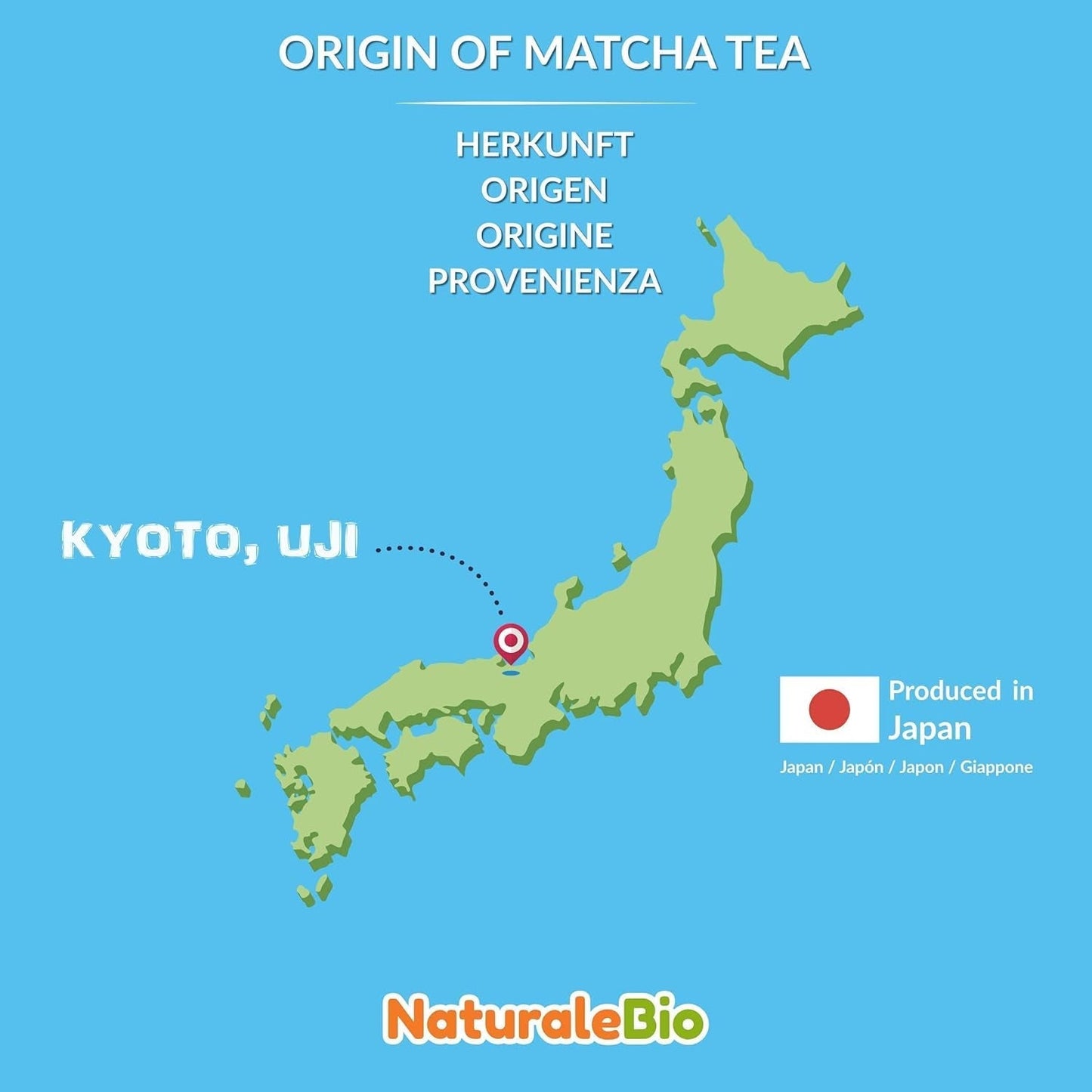 Poudre de thé Matcha de qualité cérémonielle Naturalebio Thé vert original du Japon. Poudre de thé vert Matcha de qualité cérémonielle fabriquée à Uji, Kyoto. Idéal pour boire, cuisiner et prendre des lattés. Boîte de 30 g.