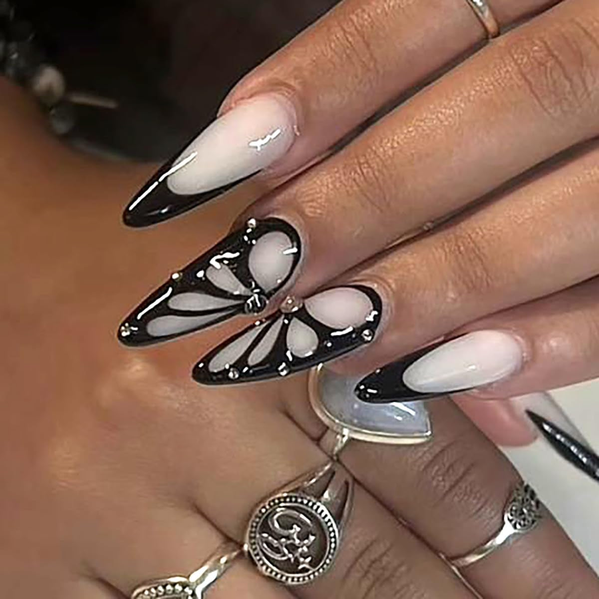 Mouyouglow longs ongles Stiletto laiteux blanc dégradé rose paillettes Cool faux ongles avec colle rose Ombre paillettes ongles artificiels