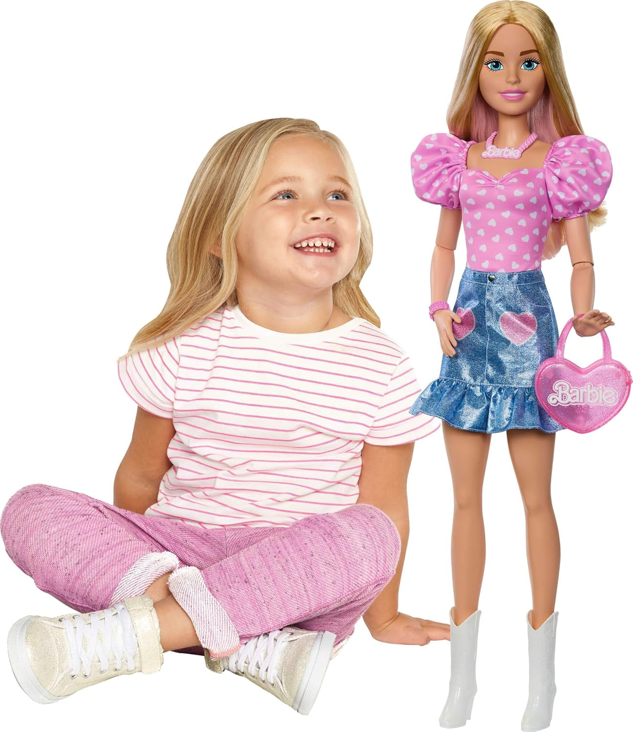 Poupée Barbie à la mode 71 cm blonde avec vêtements détachables haut rose jupe en jean bottes de cowboy collier et sac à main HYT84