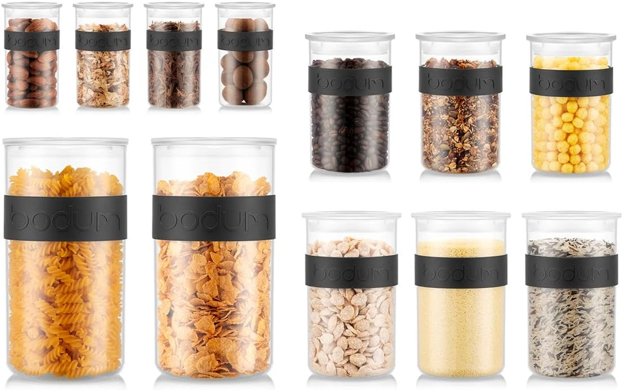 BODUM PRESSO Bocaux de conservation, plastique, noir, 4 x 0,25 L, 3 x 0,6 L, 3 x 1 L, 2 x 2 L Naty Shop Boîtes de conservation alimentaires Noir 4 X 0,25 L, 3 X 0,6 L, 3 X 1,0 L, 2 X 2,0 L