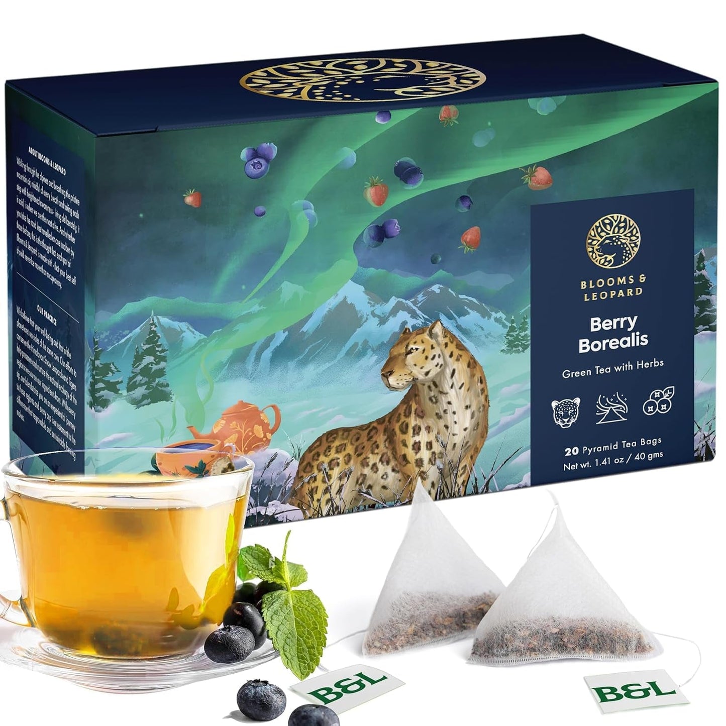 Sachets de thé vert Blooms & Leopard Premium – Mélange de baies boréales avec hibiscus, myrtille, fraise et menthe verte – 20 sachets de thé pyramidaux pour thé chaud ou froid