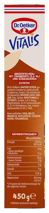 Dr. Oetker Vitalis Muesli grillé aux canneberges et graines de citrouille : Muesli grillé aux canneberges séchées, paquet de 8 (8 x 501 g)