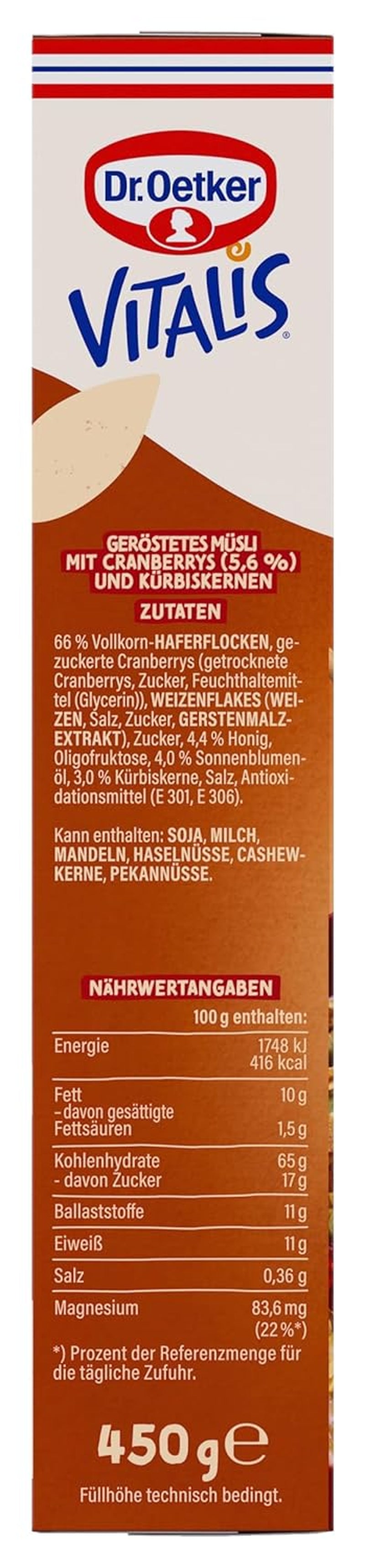 Dr. Oetker Vitalis Muesli grillé aux canneberges et graines de citrouille : Muesli grillé aux canneberges séchées, paquet de 8 (8 x 501 g)