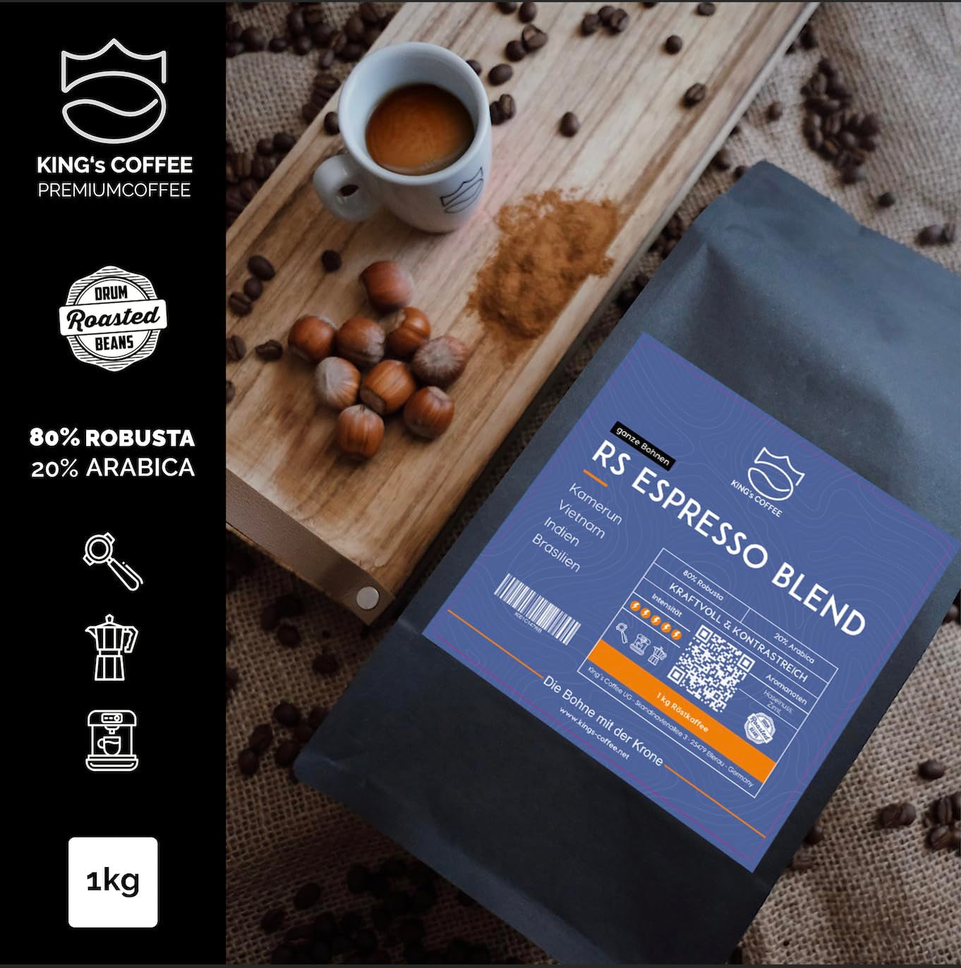 KING'S COFFEE - AMESTEC RS ESPRESSO - 1 kg de grains de café forts et aromatiques - café à faible acidité - café en grains entiers - torréfaction en petits lots d'Italie - grains d'espresso pour machines entièrement automatiques et machines à porte-filtre