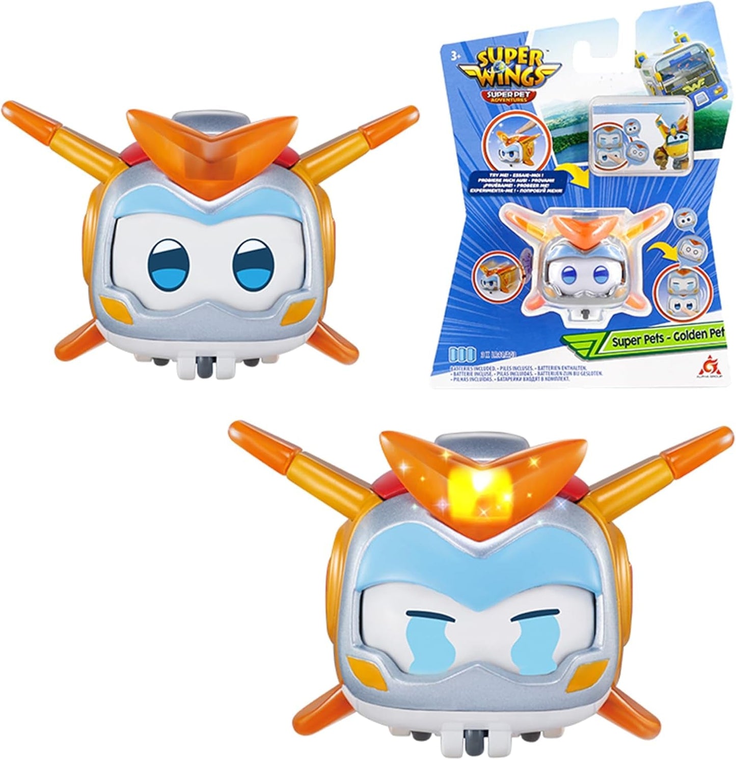 Super Wings Super Pets 4 PCS Shine, Golden Boy, Jerome, Ellie Expression faciale commutable Effet foudre Jouet portable pour 3 4 5 6 7 8 ans Garçon Fille Figurines d'action 2 pouces Naty Shop Golden Boy