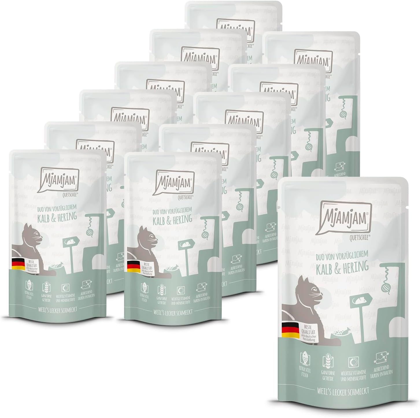 MjAMjAM - Nourriture humide premium pour chat - Sachet compressible - DUO au veau raffiné et hareng, pack de 12 (12 x 125g), sans céréales