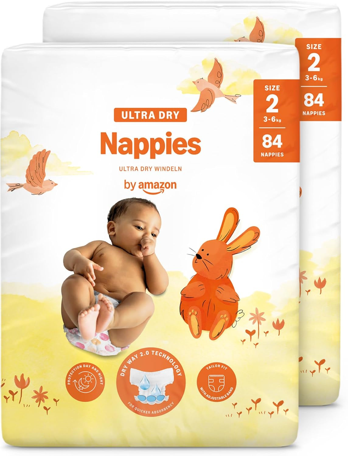 Couches Amazon Ultra Dry, taille 1 (2-5 kg) – Boîte mensuelle, blanche, 96 pièces (2 paquets de 48) (anciennement marque Mama Bear, produit identique)