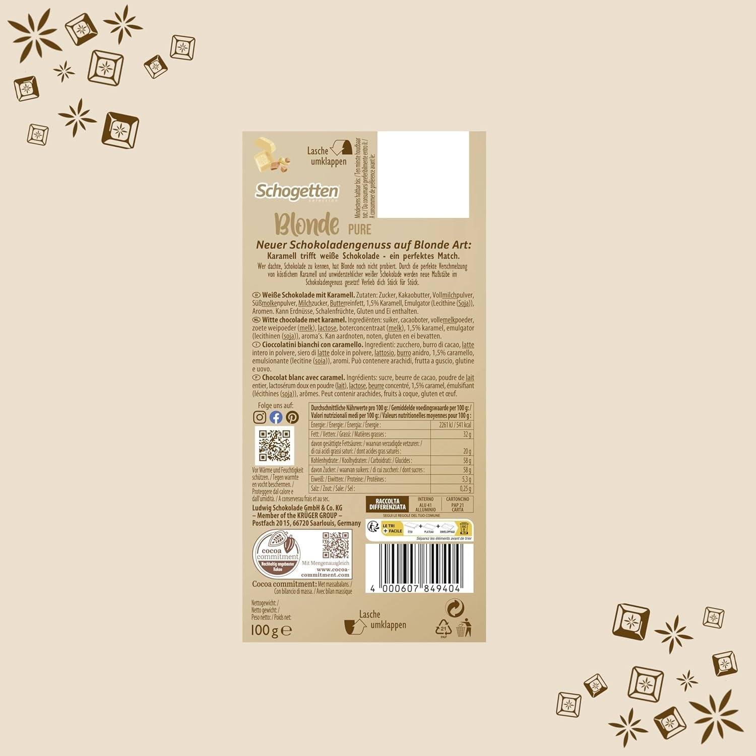 Schogetten Blonde Pure I chocolat blanc au caramel I 100 g I portion individuelle (paquet de 2)