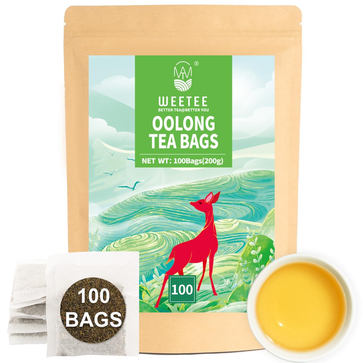 WEETEE Sachets de thé vert, 100 sachets de thé vert, thé vert pur, super antioxydant | Sachets refermables | Préparation chaude ou froide