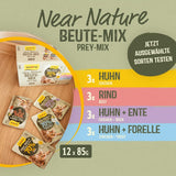 GimCat Near Nature Trial Mix 12 Pack - Aliment humide sans céréales pour chats à partir de 7 mois avec une recette adaptée à l'espèce et à la proie - 12 sachets (12 x 85 g)