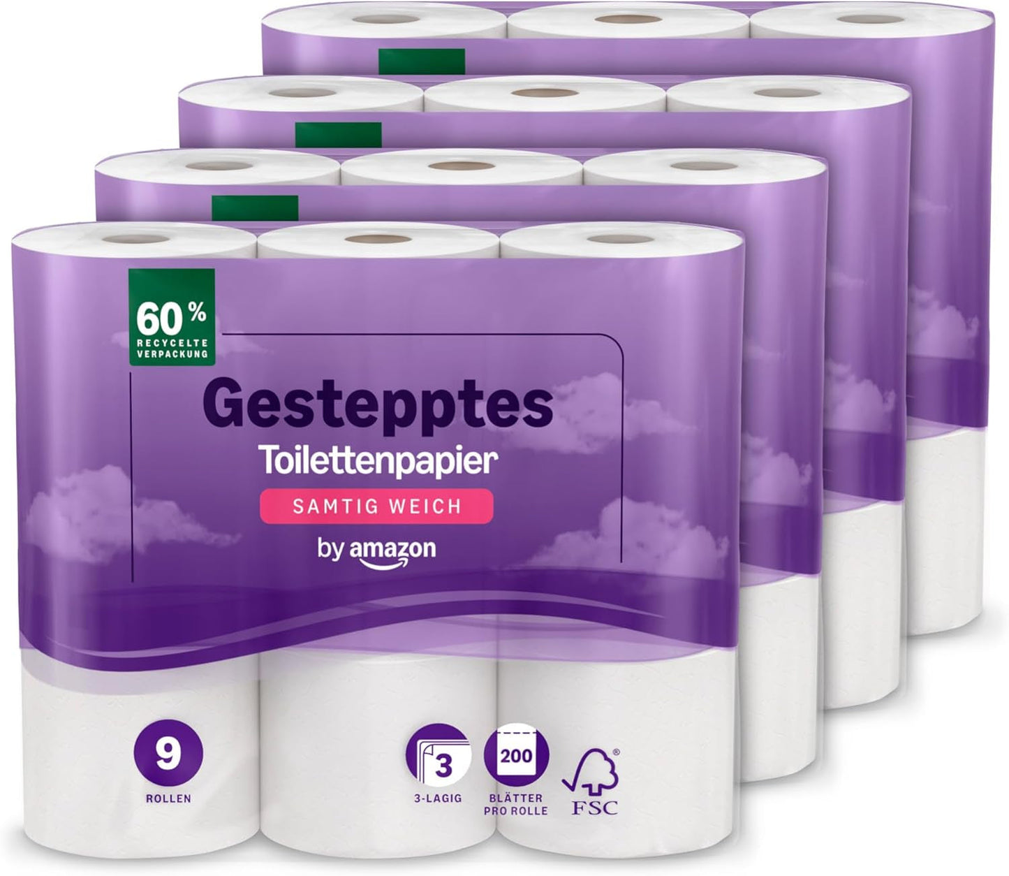 By Amazon Papier toilette matelassé 3 épaisseurs, doux et velouté, 36 rouleaux (9 rouleaux, lot de 4), 200 feuilles par rouleau, certifié Fsc