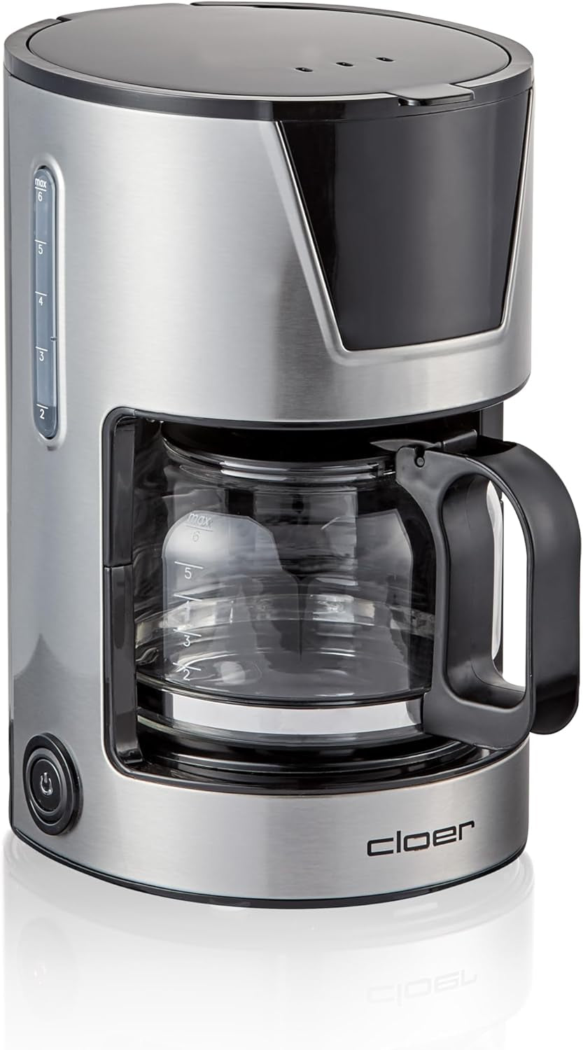 Machine à expresso à filtre Cloer 6 tasses, fonction maintien au chaud doux, carafe en verre, cuillère doseuse, indicateur de niveau d'eau, système anti-goutte, arrêt automatique, taille de filtre 1x2, 550 W, acier inoxydable