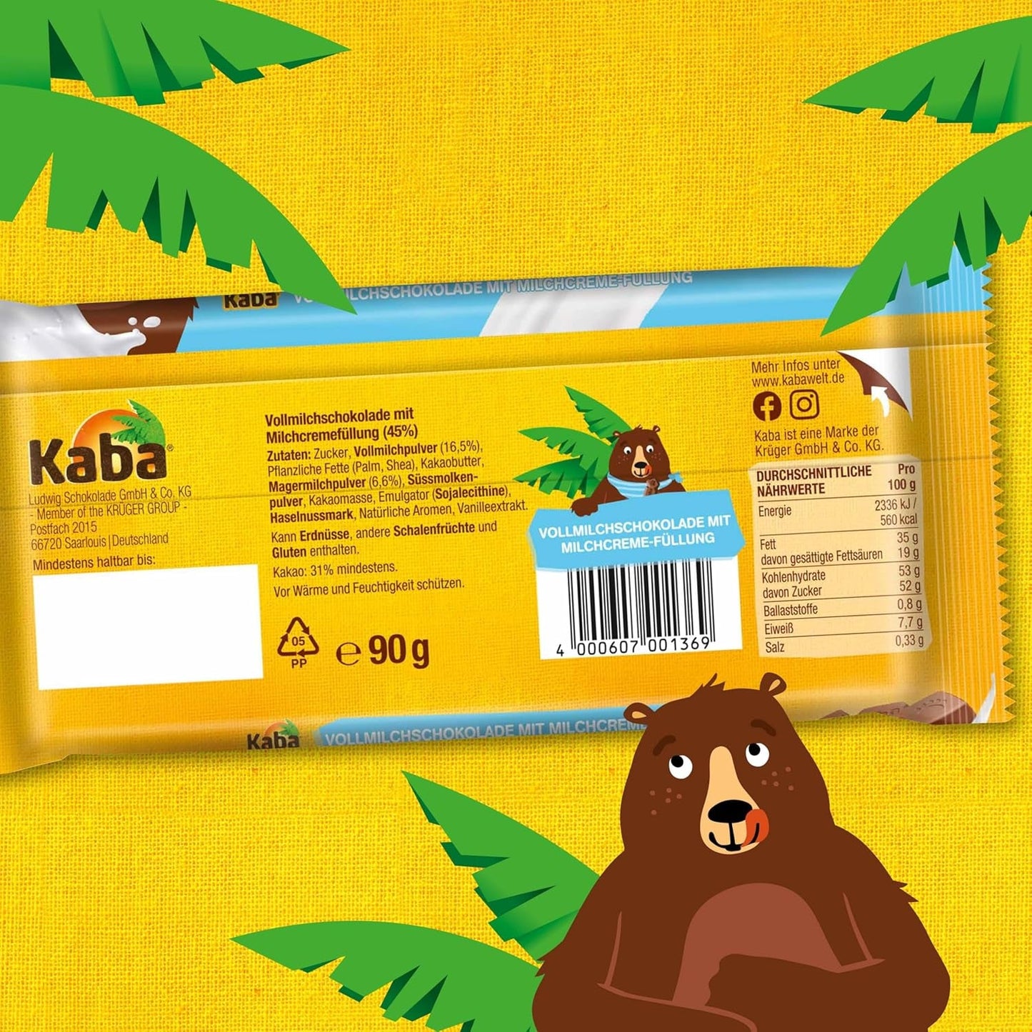 Barre de chocolat fourrée au chocolat au lait entier et à la crème de lait Kaba Barre de 90 g de chocolat fondant avec crème de lait légère et saveur originale Kaba (paquet de 2)