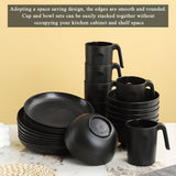 Berglander Service de table 24 pièces en plastique noir pour 6 assiettes et bols réutilisables comprenant des assiettes plates, des assiettes à dessert, des bols à céréales et des tasses pour la maison, le jardin et les pique-niques