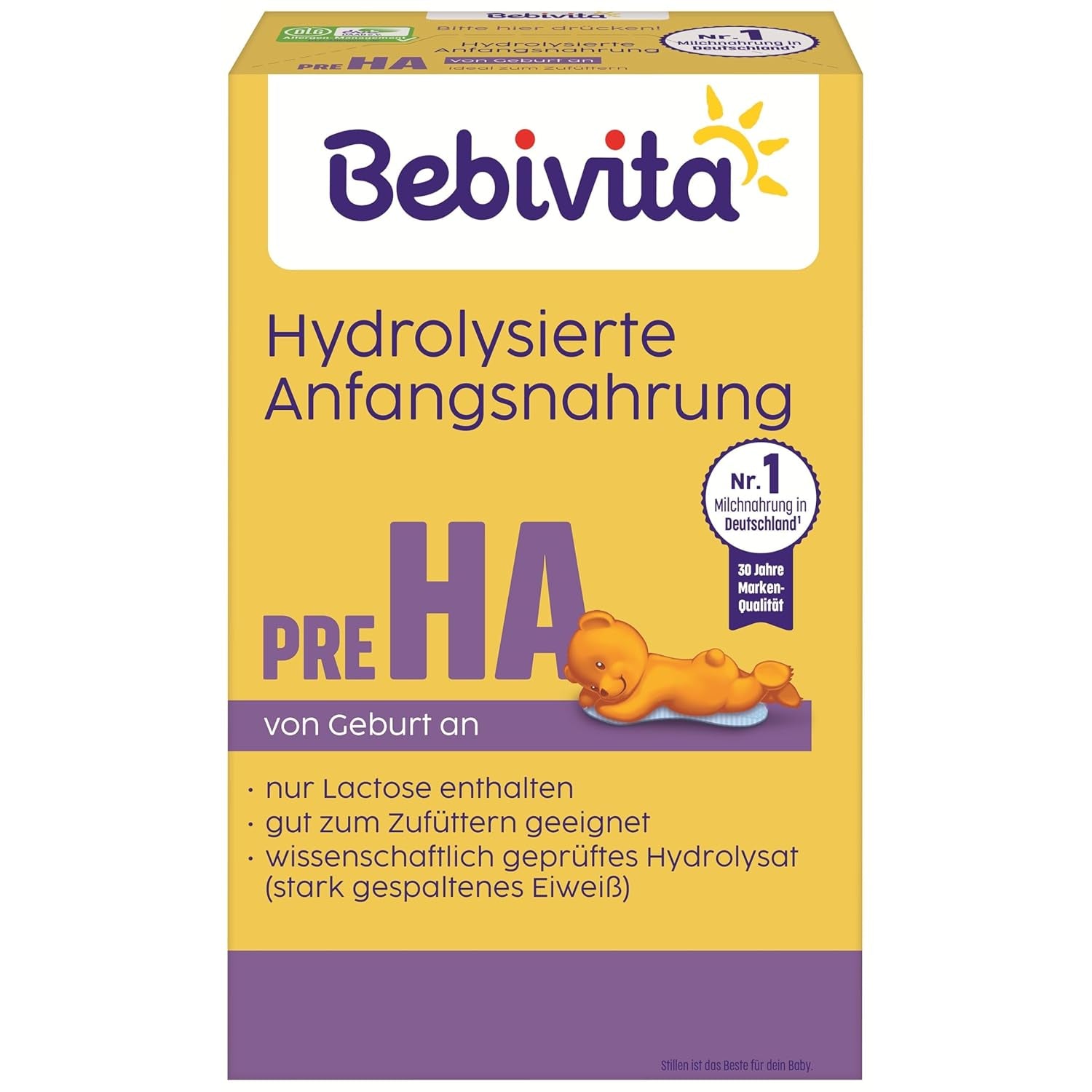 PRE HA (5 x 500g), lait en poudre hydrolysé dès la naissance, contient uniquement du lactose comme glucide, adapté à l'alimentation complémentaire