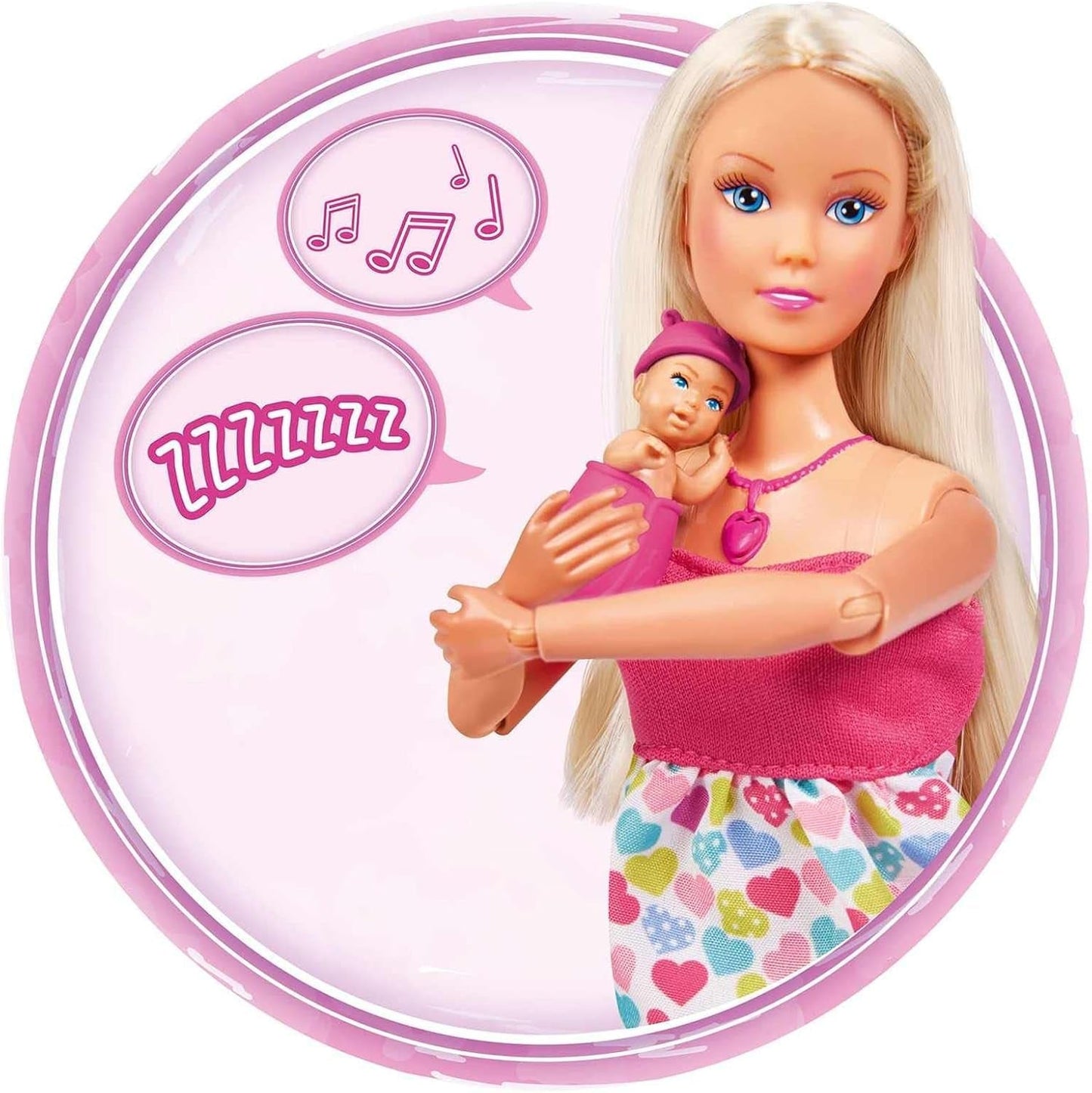 Simba 105733480 - Sac à dos pour bébé Steffi Love, poupée enceinte avec bébé et superbes sons, accessoires pour bébé et porte-bébé, poupées Naty Shop roses