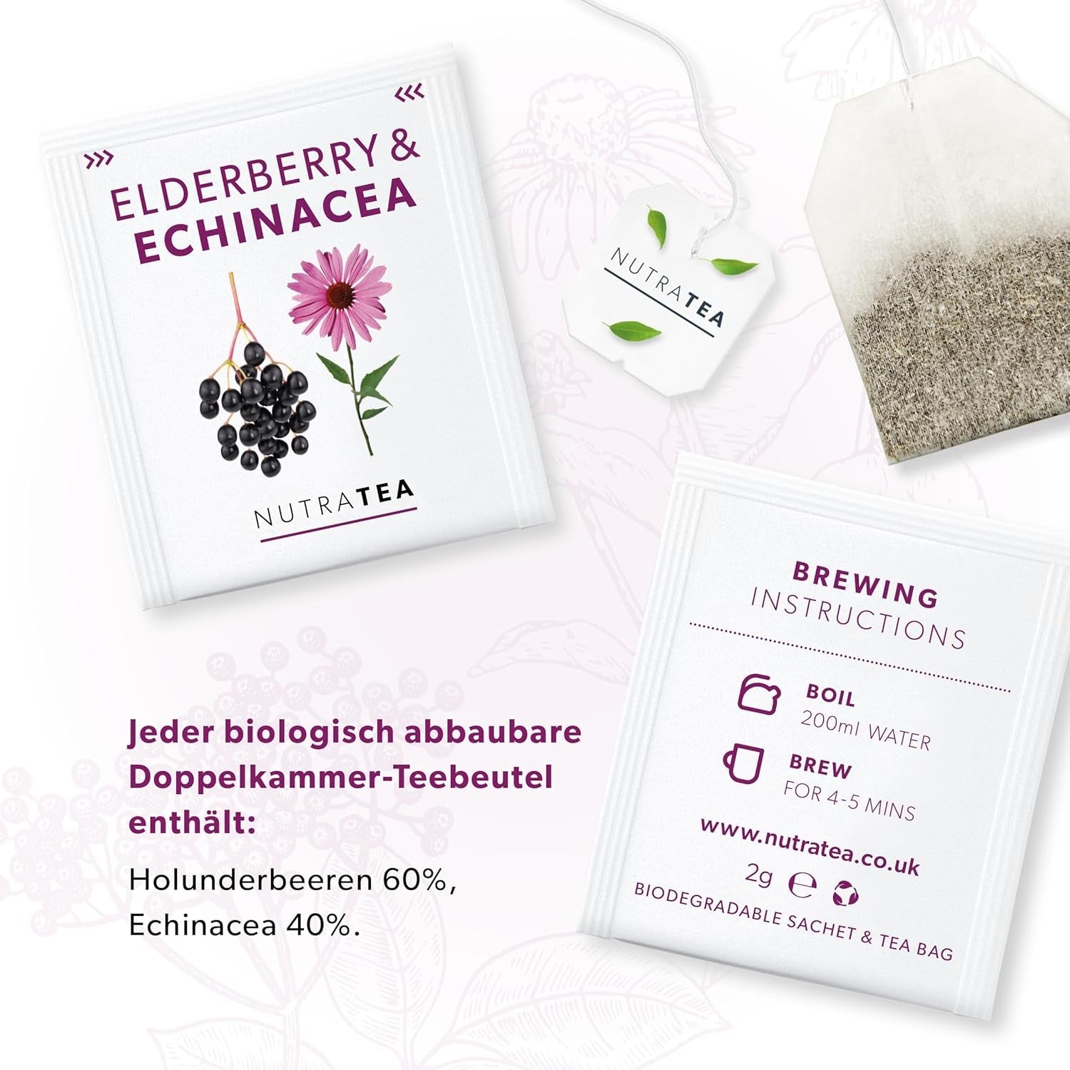 Nutra Tea Sureau et échinacée, Thé immunité et rhume, Thé de soutien immunitaire, Combat contre le froid, 20 sachets de thé réutilisables, Tisane naturelle