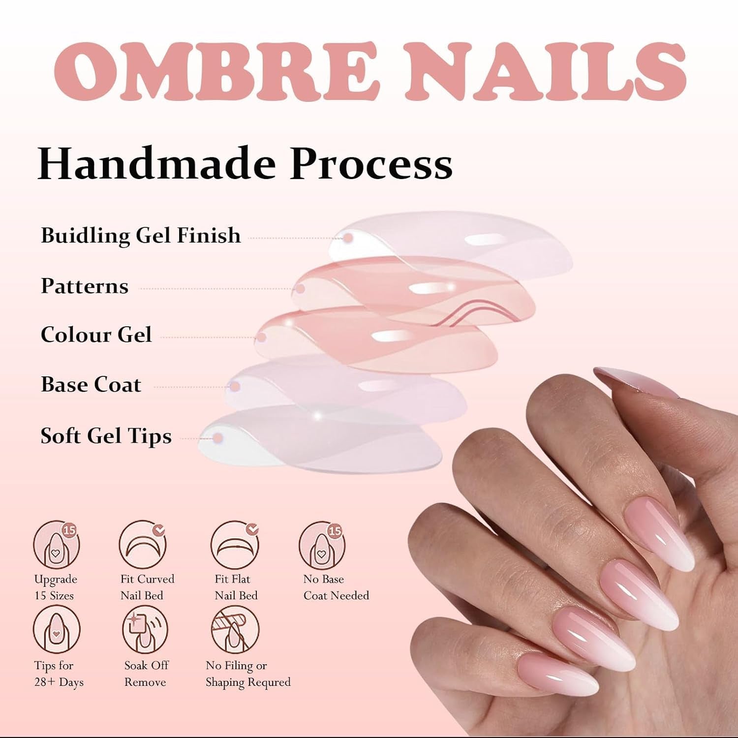 Ensemble de faux ongles – 240 pièces de faux ongles français à coller – Rose blanc dégradé design ongles artificiels couverture complète en gel doux naturel et confortable à porter (rose amande)