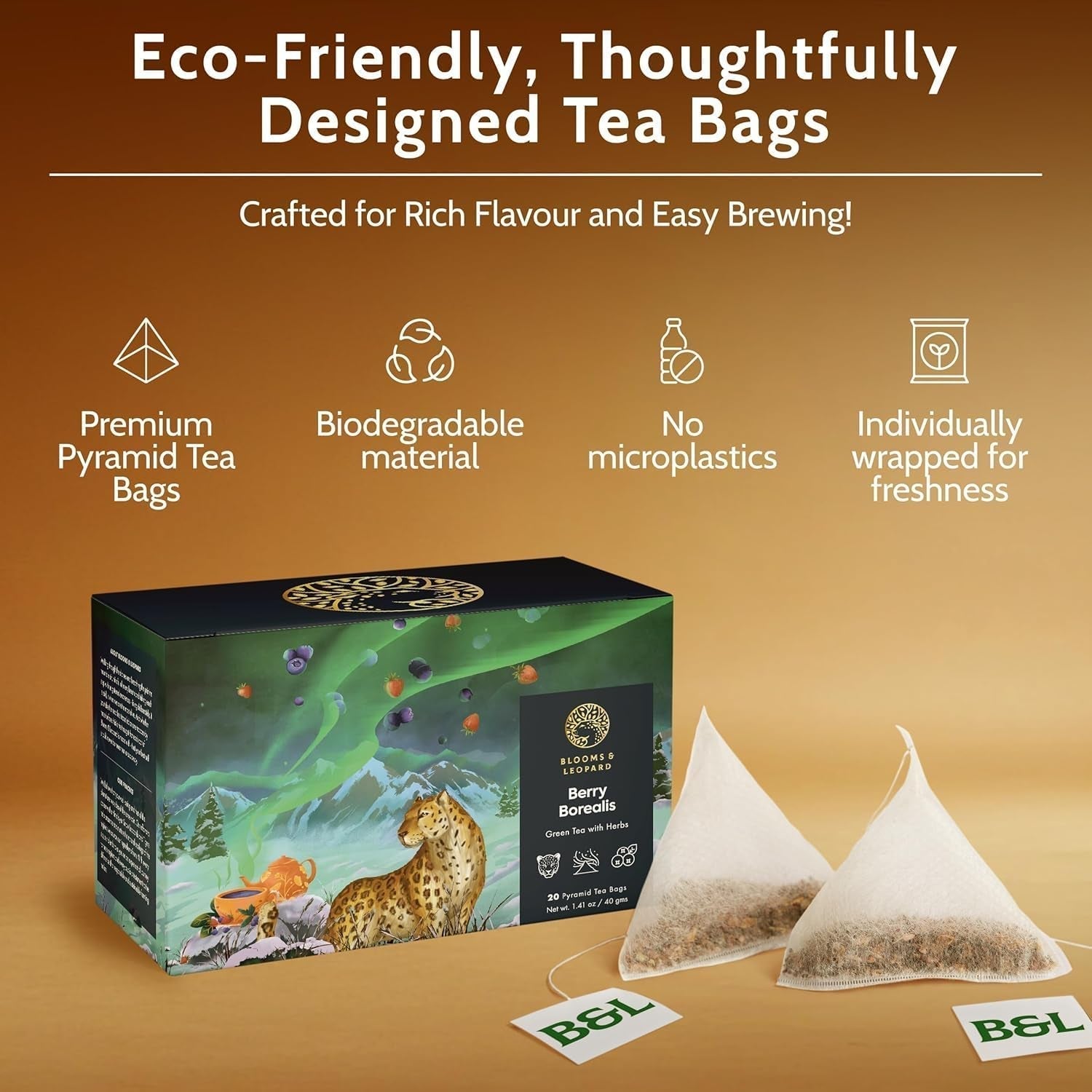 Sachets de thé vert Blooms & Leopard Premium – Mélange de baies boréales avec hibiscus, myrtille, fraise et menthe verte – 20 sachets de thé pyramidaux pour thé chaud ou froid