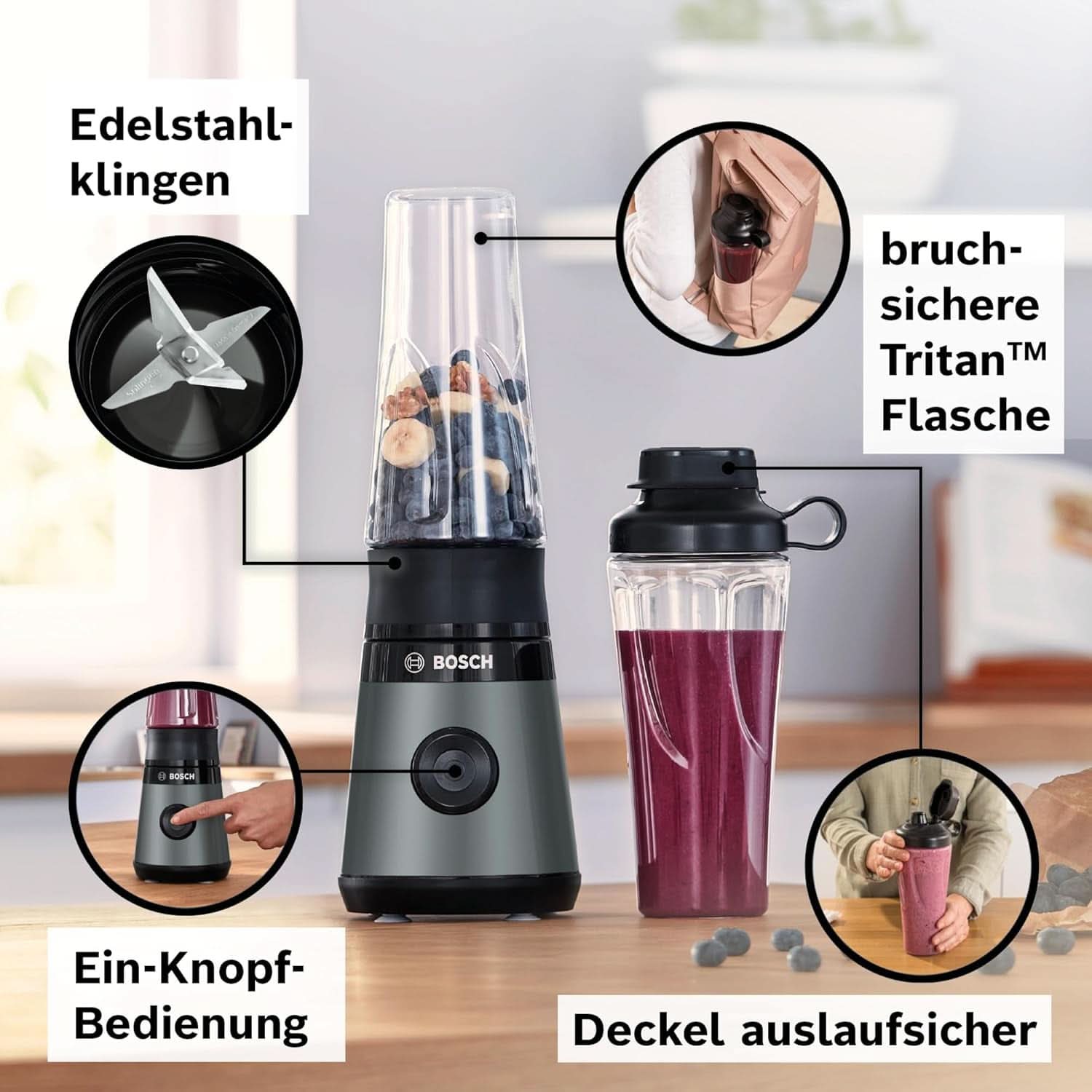 Bosch Mini-batteur sur socle Vitapower Serie 2 MMB2111S, Mélangeur à grande vitesse, Jusqu'à 40 000 tr/min, Tritan Togo-Flasche 0,6 L, Trinkdeckel, Bruchsicher, Spülmasch.Geeignete Teile, 450W, Silber/Schwarz Kitchen Naty Shop