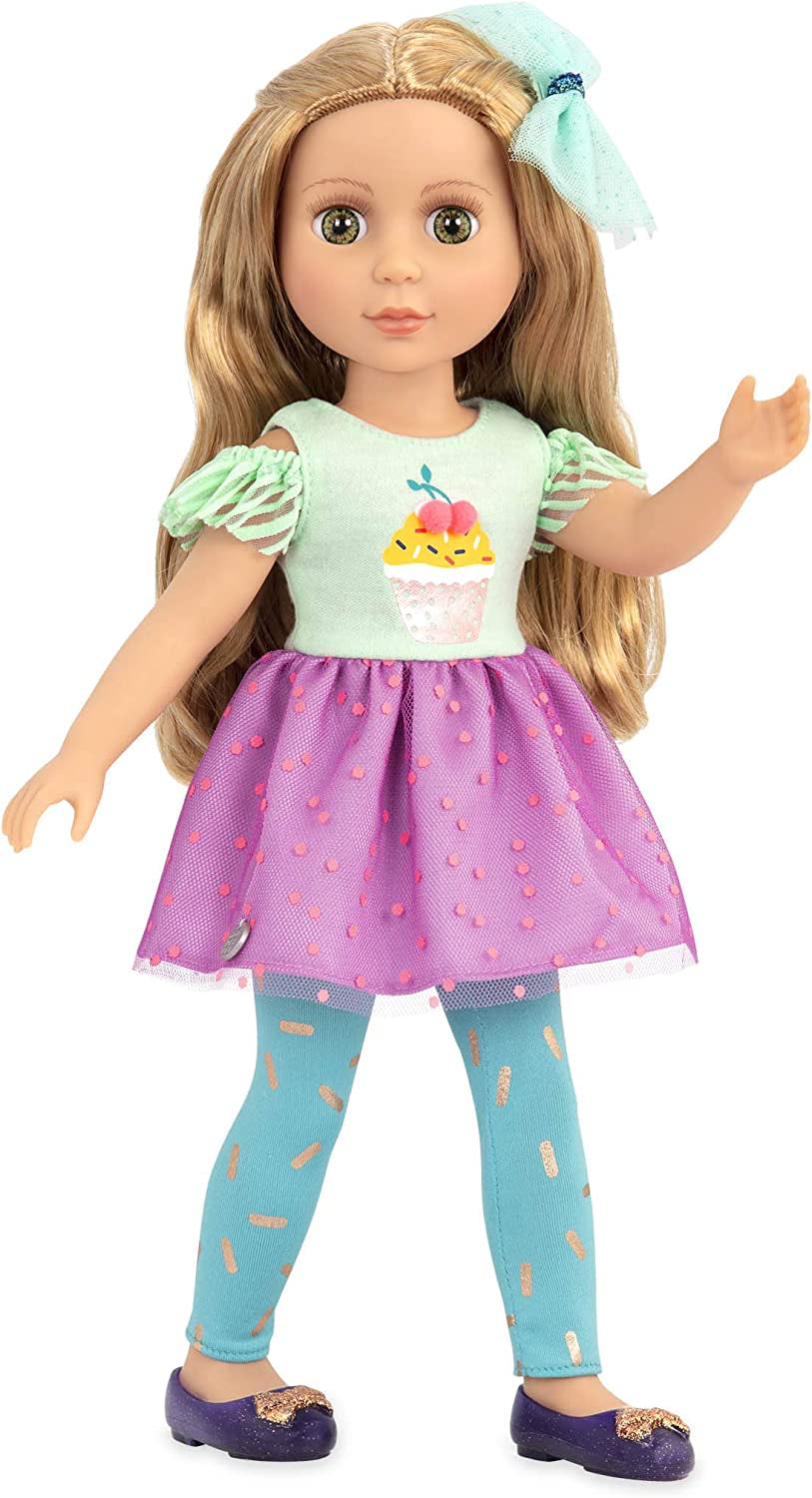 Glitter Girls - Sashka - 36 cm Bewegliche Modepuppe - Cheveux blonds et cheveux verts - Cupcake-Kleid mit Haarschleife - Glitzerschuhe & Gepunktete-Leggings - 3 ans +