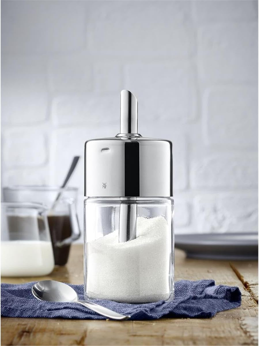 WMF Barista Sucrier 240 g, verre, distributeur de sucre, acier inoxydable poli Cromargan, idéal pour le sucre blanc/brun, le cacao ou comme shaker à épices