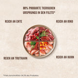 Shelma Nourriture humide pour chats Megapack au bœuf, dinde, poulet et canard - Aliment complet sans céréales à haute teneur en viande - 40 x 85 g (3,4 kg)
