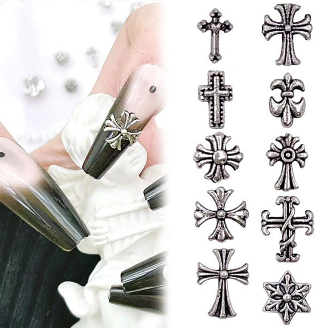 100pcs porte-clés à ongles en croix 3D, porte-clés à ongles en croix, porte-clés à ongles chromés, accessoires d'ongles vintage, décorations d'ongles DIY, pour femmes et filles, décorations d'ongles DIY