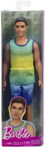 Poupée Ken Barbie Fashionistas no. 236 avec cheveux noirs, débardeur ombré bleu sarcelle, short en jean et baskets argentées, HYV00