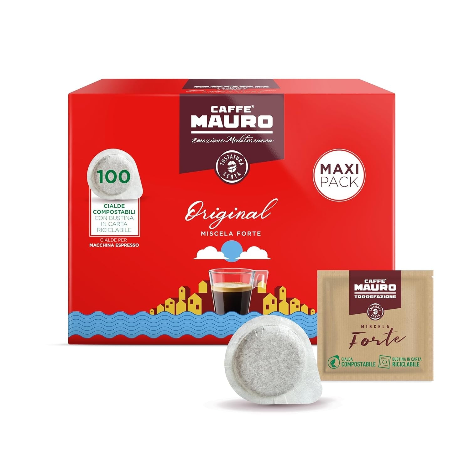 Caffè Mauro Torrefazione Kaffee Kompostierbare Pods, Recyclebare Verpackung, Original Mischung - 100 pcs - Intensität 10/10 - Compatible avec ESE System Papier Pads 44 mm