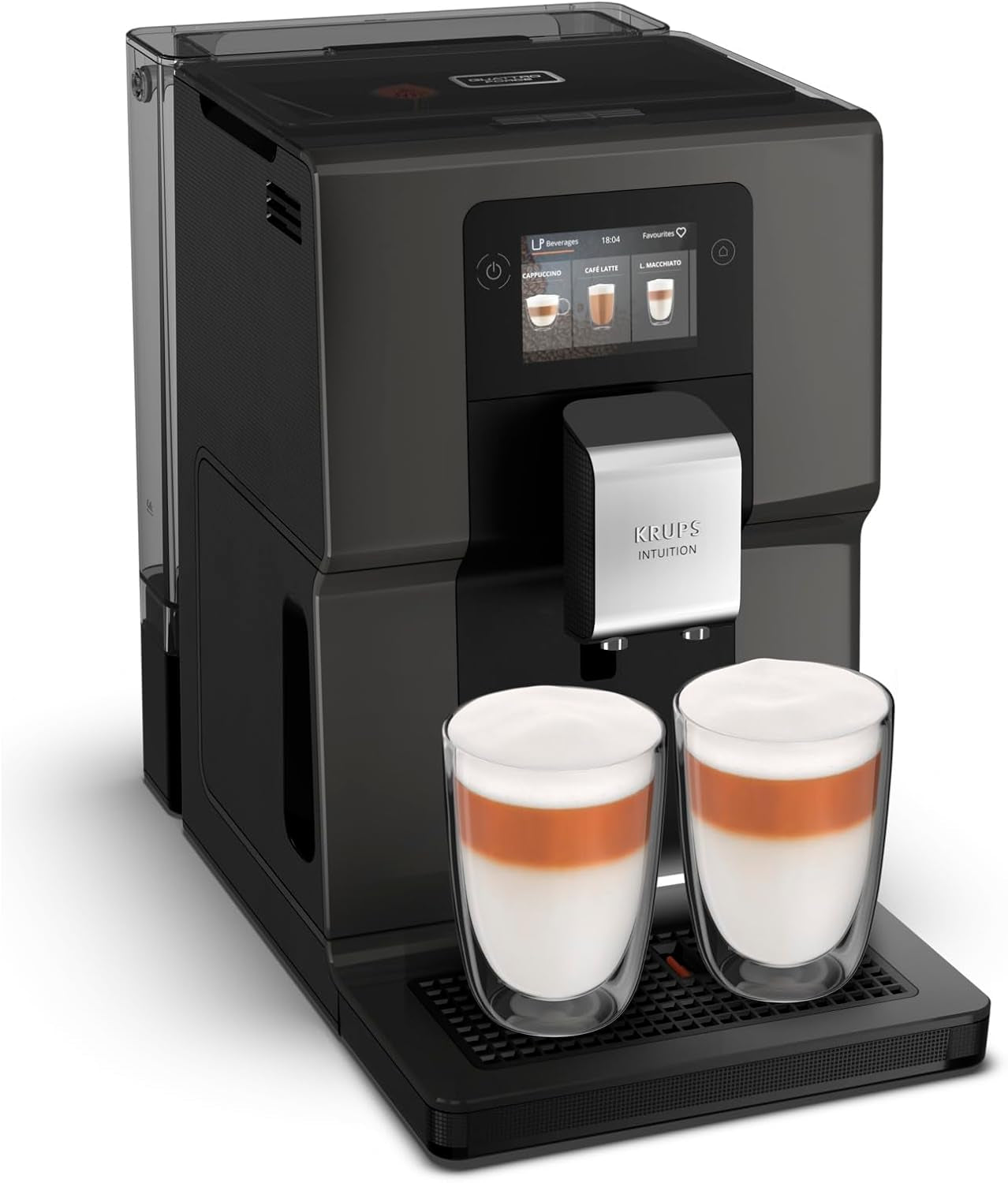 Machine à expresso entièrement automatique Krups Intuition Preference avec fonctionnement semblable à celui d'un smartphone, écran tactile couleur 3,5", technologie Smart Slide, système d'éclairage intuitif, 11 boissons, réservoir à lait, EA873810