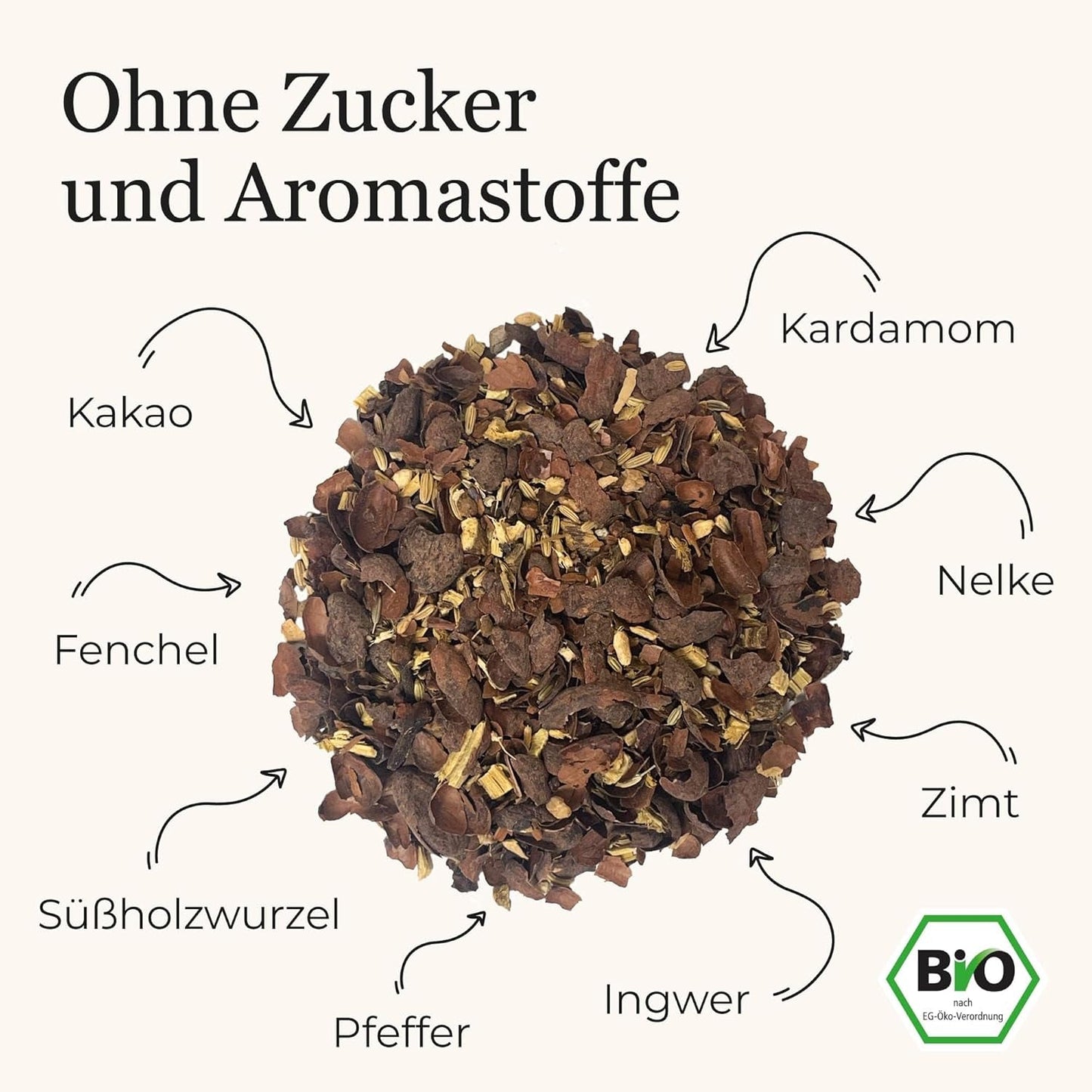 Thé épicé BIO Schoko Chai sans sucre, avec cabosses de cacao, cannelle, réglisse et autres épices aromatiques Chai, 100 g
