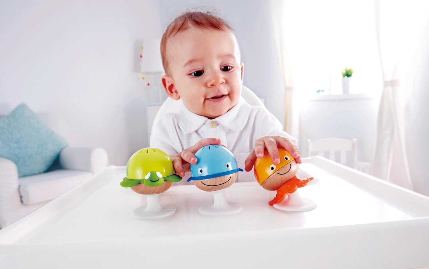 Ensemble hochet avec ventouse Hape | Trois animaux avec éléments d'anneau de dentition, tortue, poulpe et baleine | Jouet d'apprentissage dès 0 mois Bebe Toys Naty Shop