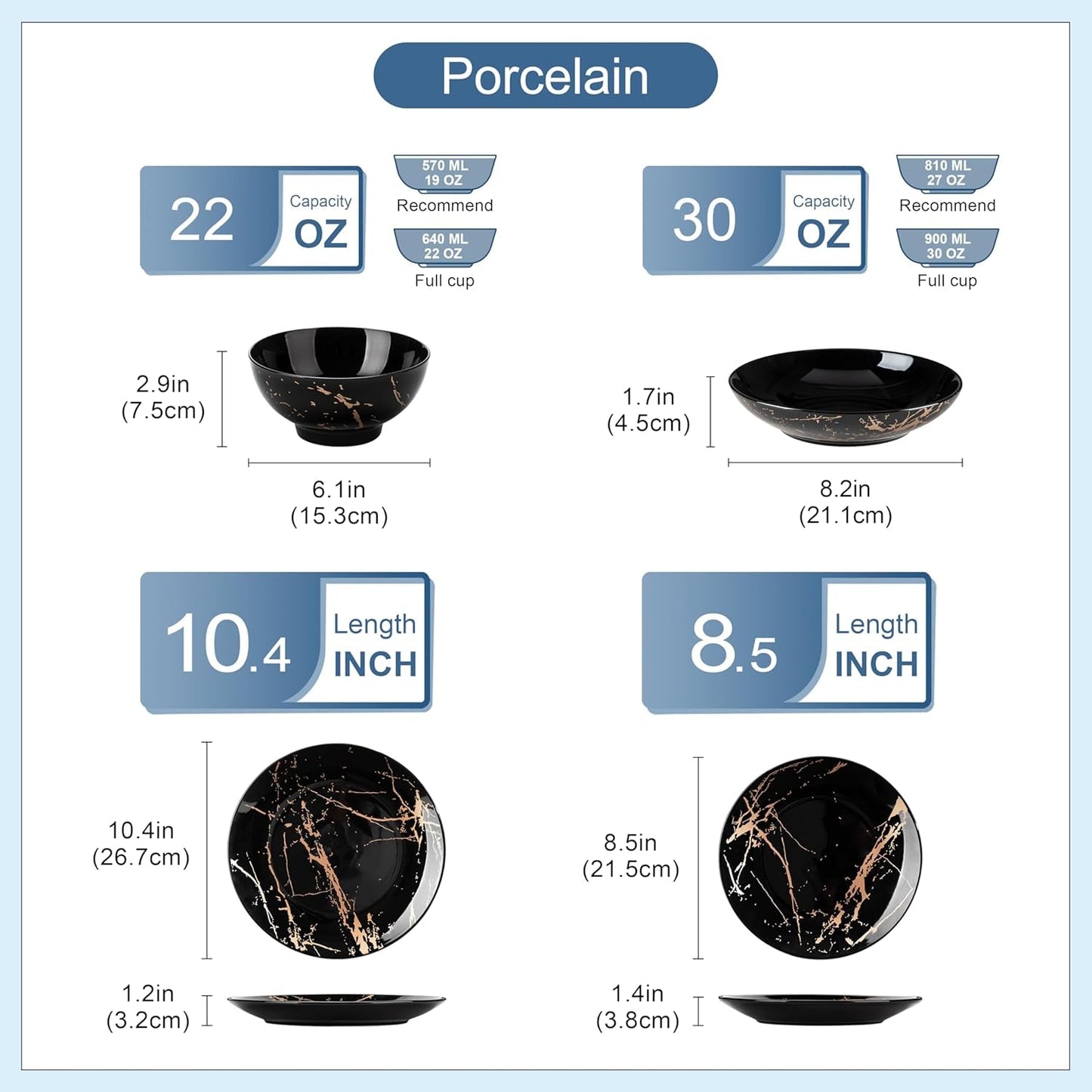 LOVECASA Ensemble de vaisselle en porcelaine série Daphné SWEET Ensemble combiné de 24 pièces Assiettes à dîner design doré Assiettes à dessert Bols à céréales et assiettes à dîner pour 6 personnes