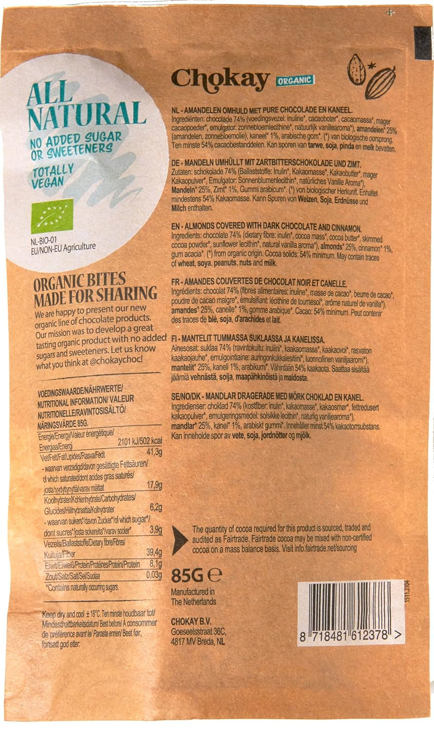 Ensemble de 4 bouchées biologiques - Amandes à la cannelle/Amandes à la cannelle dans du chocolat noir belge/Sans sucre ajouté, sans édulcorants/VEGAN & FAIR COMMERCE / 4 x 85g