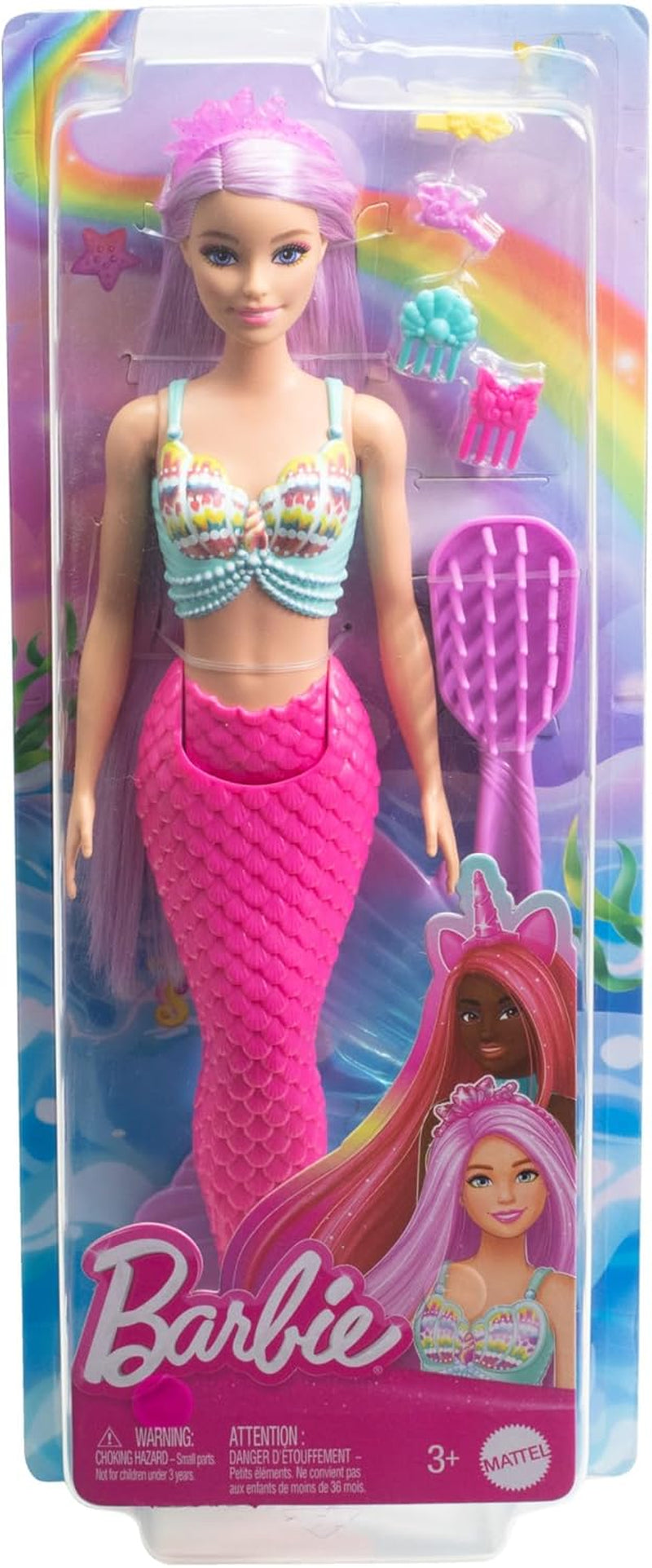 Poupée Barbie Sirène - avec de longs cheveux roses et des accessoires de coiffure personnalisés, dont une brosse, une jolie coquille et des nageoires roses, pour 3 ans et plus, HRR00 Naty Shop Dolls