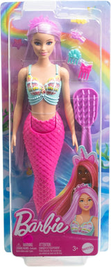 Poupée Barbie Sirène - avec de longs cheveux roses et des accessoires de coiffure personnalisés, dont une brosse, une jolie coquille et des nageoires roses, pour 3 ans et plus, HRR00 Naty Shop Dolls