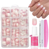 Ensemble de faux ongles – 240 pièces de faux ongles français à coller – Rose blanc dégradé design ongles artificiels couverture complète en gel doux naturel et confortable à porter (rose amande)