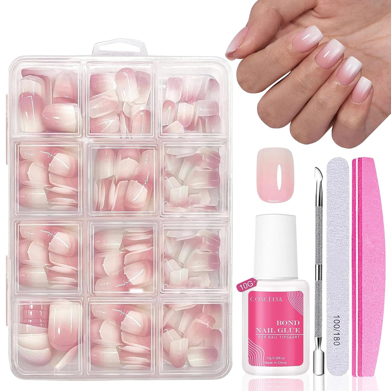 Ensemble de faux ongles – 240 pièces de faux ongles français à coller – Rose blanc dégradé design ongles artificiels couverture complète en gel doux naturel et confortable à porter (rose amande)