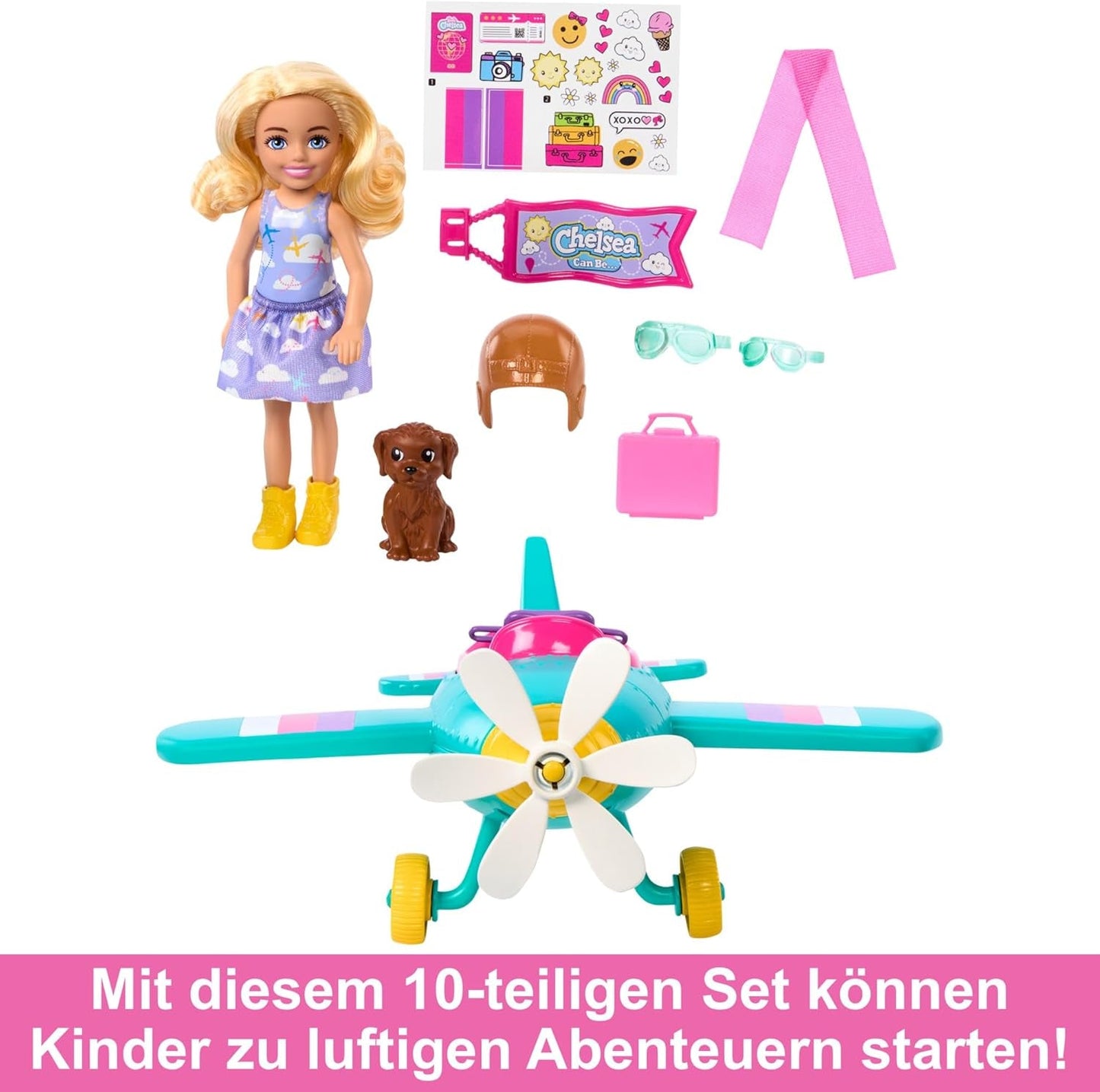 Chelsea Barbie Doll Airplane and Playset – Poupée pilote, avion, chiot et accessoires pour l'heure du conte, roues tournantes et hélices de fleurs, à partir de 3 ans, HTK38