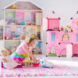 Etagère modulable Relaxdays pour chambre d'enfant, design château de princesse, plastique, meuble DIY avec portes, HL : 128 x 110 x 37 cm, rose