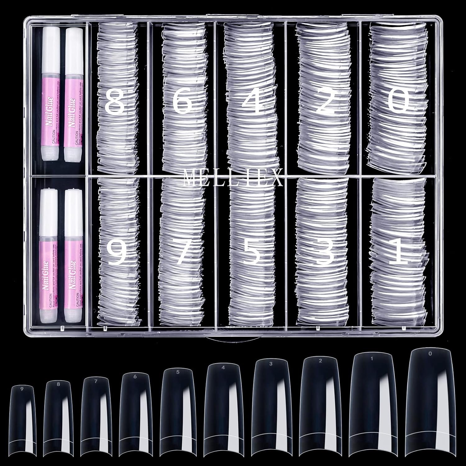 500 pièces de faux ongles artificiels français en acrylique, ensemble d'extensions d'ongles, accessoires de faux ongles avec 4 pièces de colle pour conception d'ongles en gel naturel