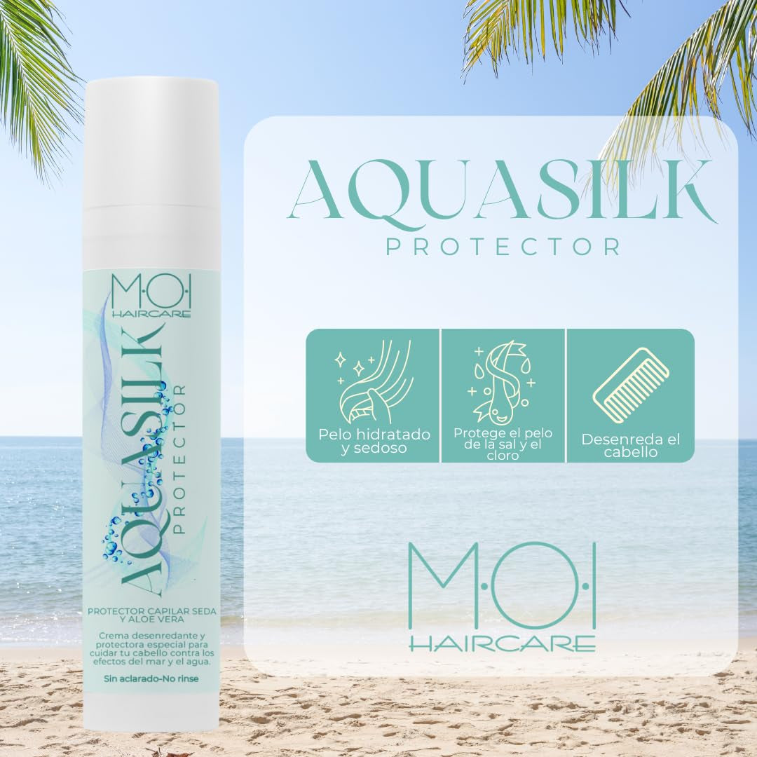 AQUA SILK Crème Capillaire pour l'Été, Protège les Cheveux de la Mer et du Chlore, Soie et Aloe Vera, M-O-I Haircare | Masque capillaire Naty Shop 100 ml