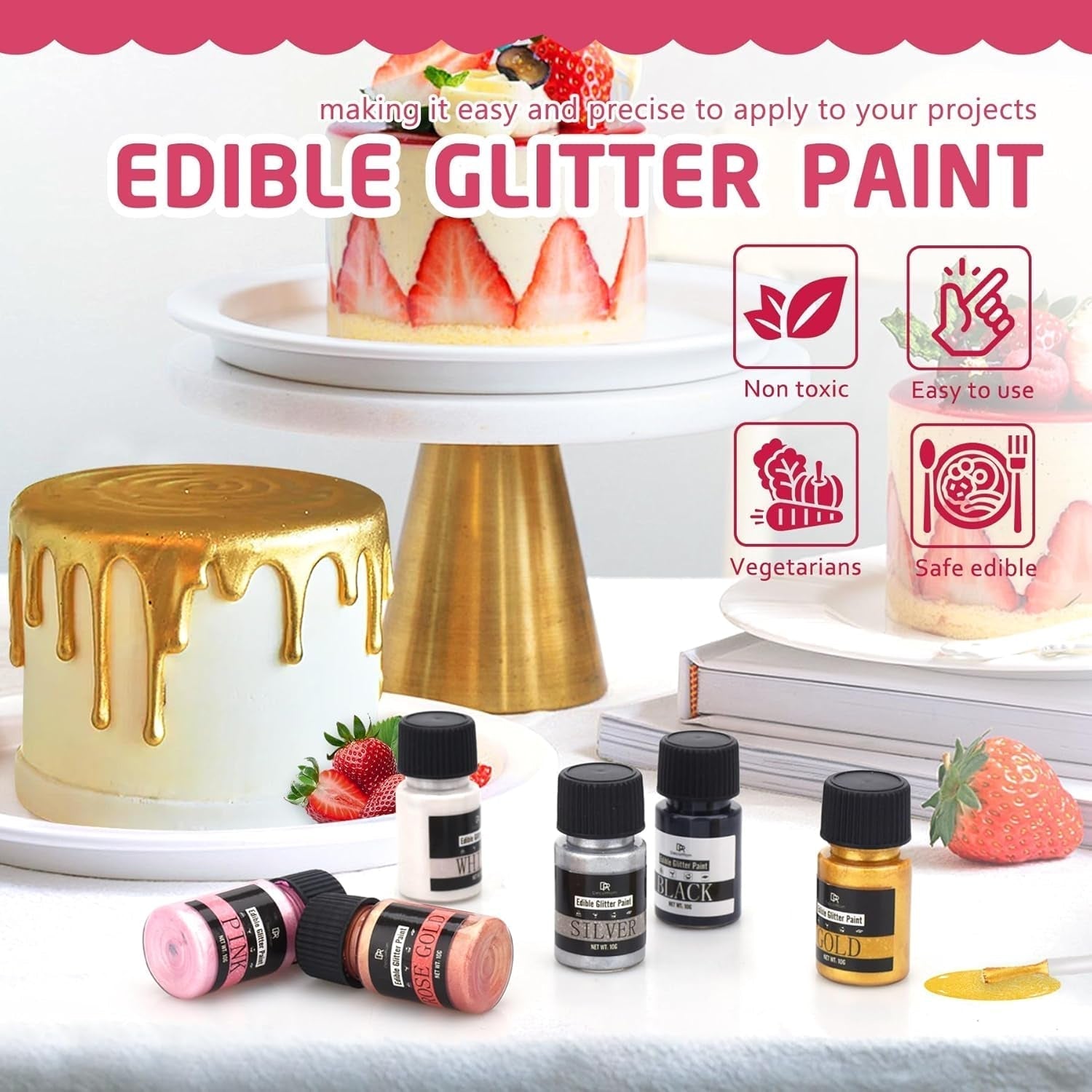 Paillettes liquides comestibles – 6 couleurs de colorant alimentaire à paillettes métalliques pour la décoration de gâteaux, la pâtisserie, les muffins – Poudre métallique à paillettes liquides comestibles pour biscuits, fondants, gâteaux